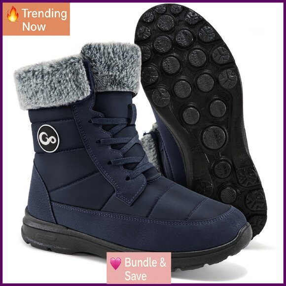 Fur Lined Waterproof Snow Boots Non-Slip Lace Up Winter Booties for Women